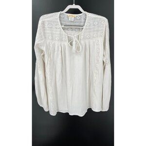 Sweet Magnolias Tunic Size XXL Lace Trim Pom Pom Tie Closure White BoHo